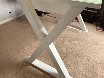 Modern White Glass Top Office Desk with X-Frame Legs and Storage Drawer