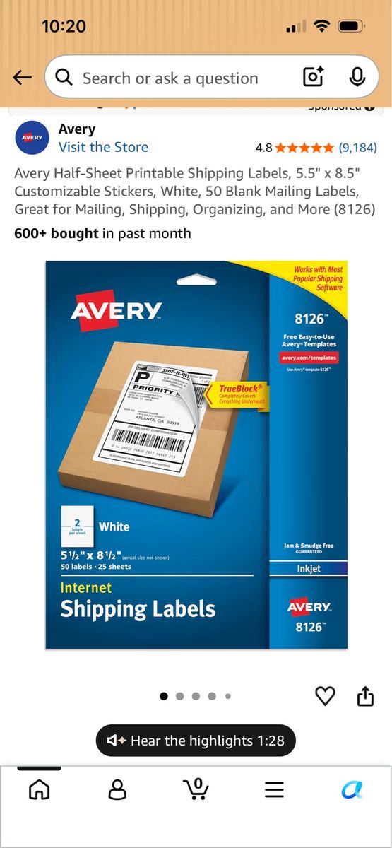 Avery 8126 Half-Sheet White 5.5"x8.5" Printable Shipping Labels -  2 Each 2x 25-Sheet Packs (90 Labels Total)