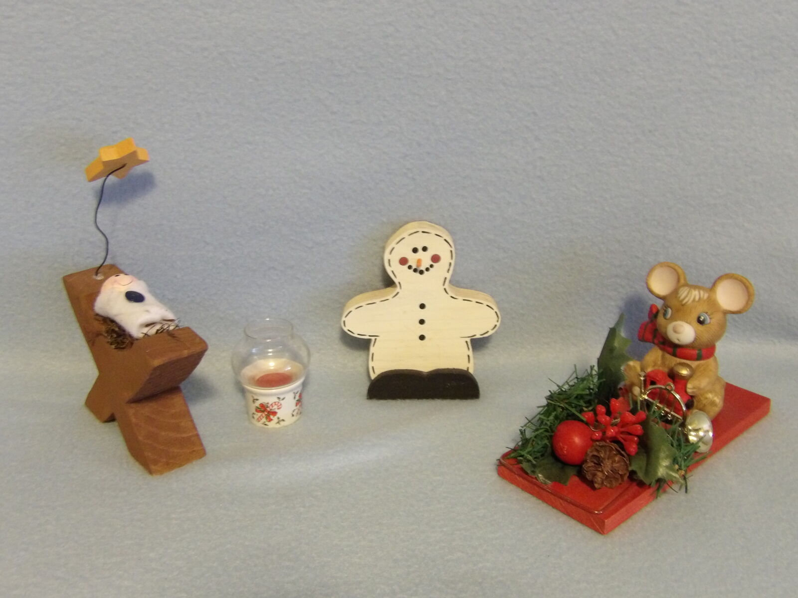 Christmas Decor Nicknacks Knickknacks Baby Jesus in Manger w/Star, Snowman, Mouse in Holiday Trap, Candle Decorations