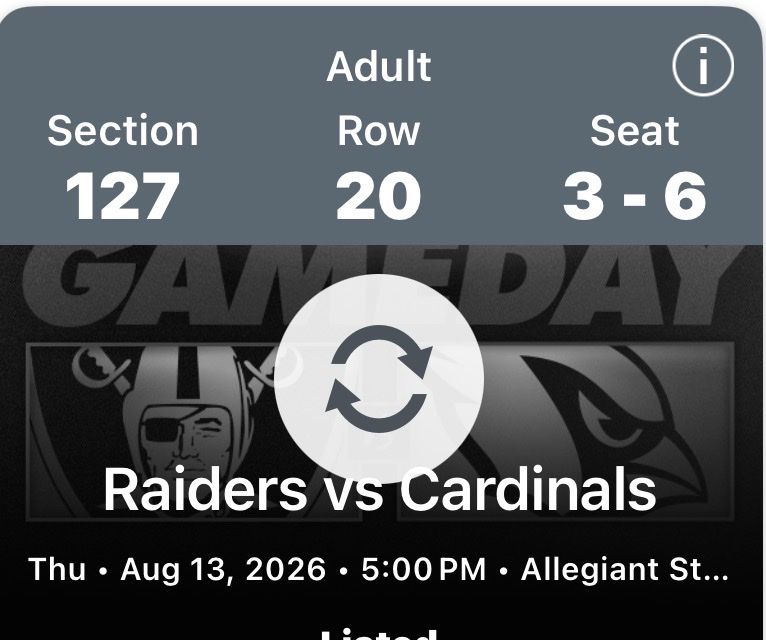 Las Vegas Raiders vs. Arizona Cardinals NFL Game Tickets - Aug 13, 2026, 4 great lower bowl seats