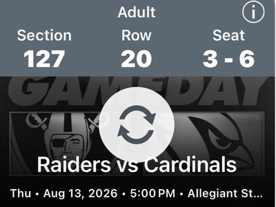 Las Vegas Raiders vs. Arizona Cardinals NFL Game Tickets - Aug 13, 2026, 4 great lower bowl seats