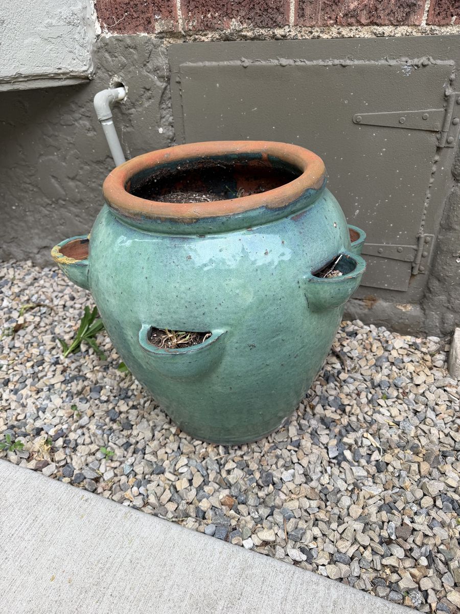 Large Teal Glazed Terracotta  Planter Pot, 22" Tall, Multi-Pocket Garden Planter