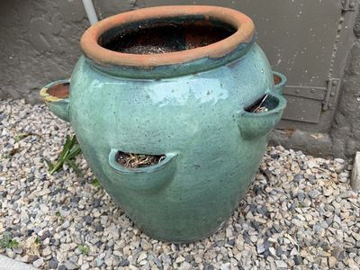 Large Teal Glazed Terracotta Planter Pot, 22" Tall, Multi-Pocket Garden Planter