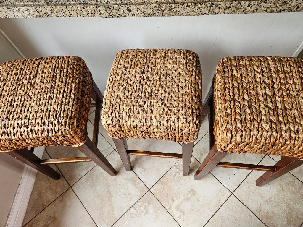 Set of 3 Woven Rattan Counter Height Bar Stools with Wooden Legs - Natural & Brown Finish Pottery Barn