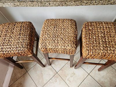 Set of 3 Woven Rattan Counter Height Bar Stools with Wooden Legs - Natural & Brown Finish Pottery Barn