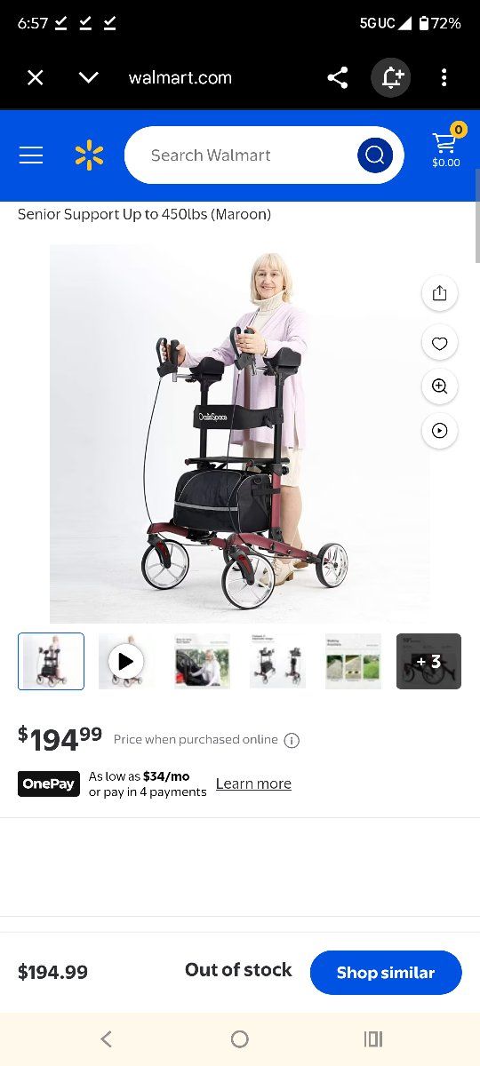 OasisSpace Senior Upright Rollator Walker, 450lb Capacity, Maroon