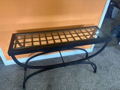 Black Metal Console Table with Glass Top and Lattice Accent made by Bombay