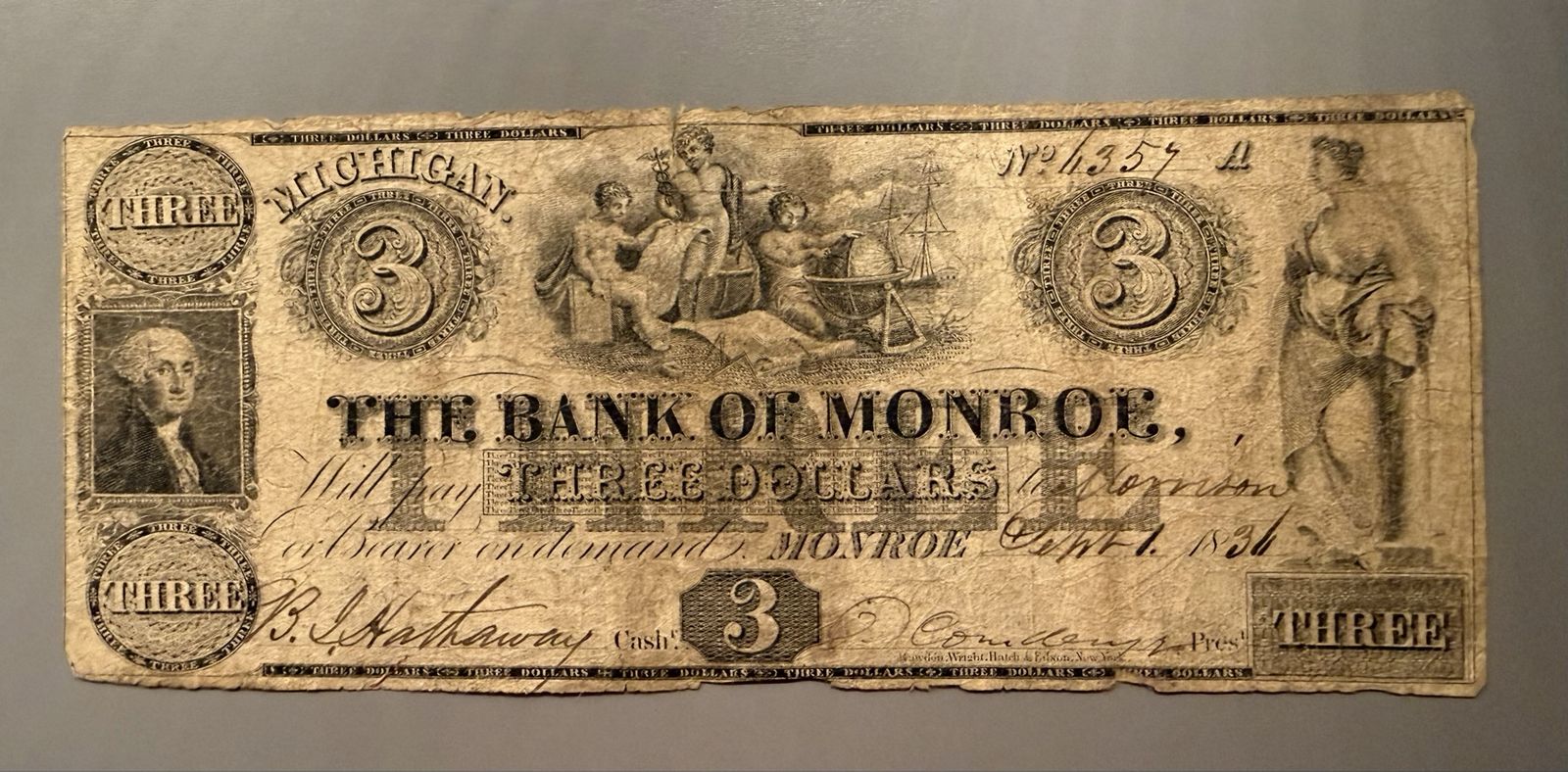 1836 Bank of Monroe $3 Note Signed By Oliver Cowdery - Mormon LDS Autograph