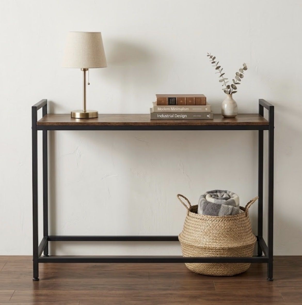 Industrial Console Table, Rustic Brown Wood & Black Metal Frame, Hallway Entryway Sofa Side Table
