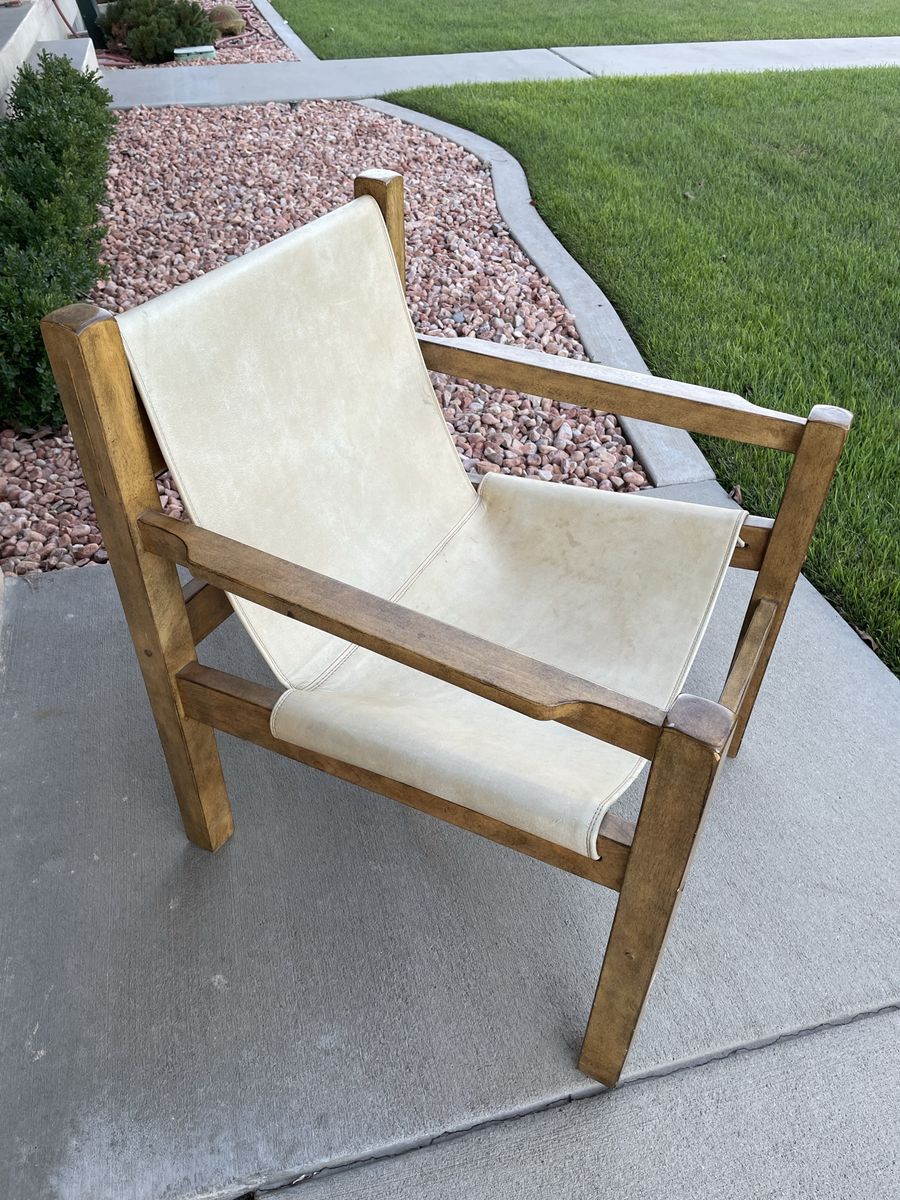 Vintage Mid-Century Modern Wood and Cream Leather Chair