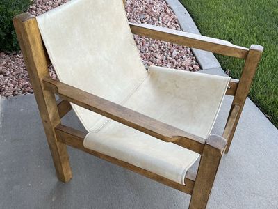 Vintage Mid-Century Modern Wood and Cream Leather Chair
