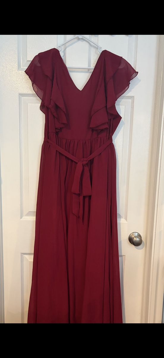 Red/Burgundy Chiffon Ruffle V-Neck Maxi Dress with Tie Belt 2XL