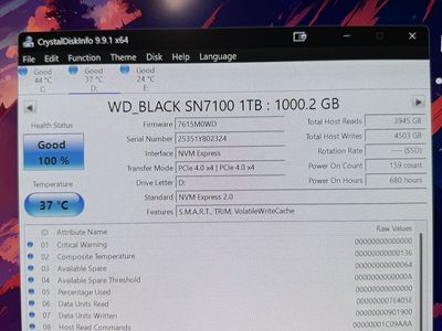 WD_BLACK SN7100 1TB NVMe PCIe 4.0 SSD - 100% Health Status