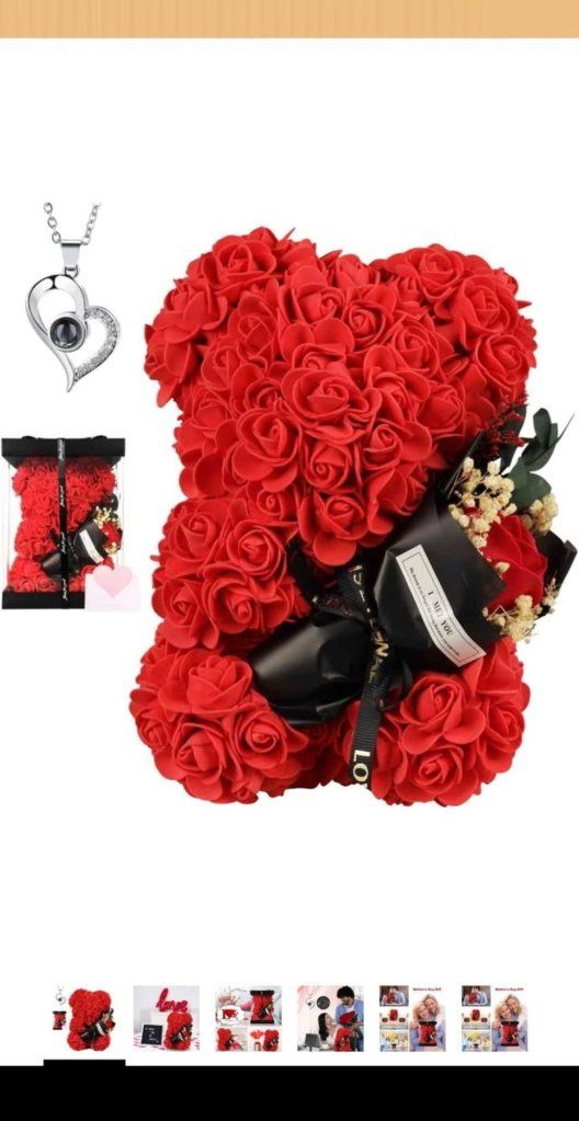 Rose Bear with "I Love You" Necklace - Eternal Rose Teddy Bear Gift for Her