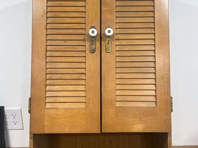 Vintage Wooden Wall-Mounted Storage Cabinet with Louvered Doors and Shelves