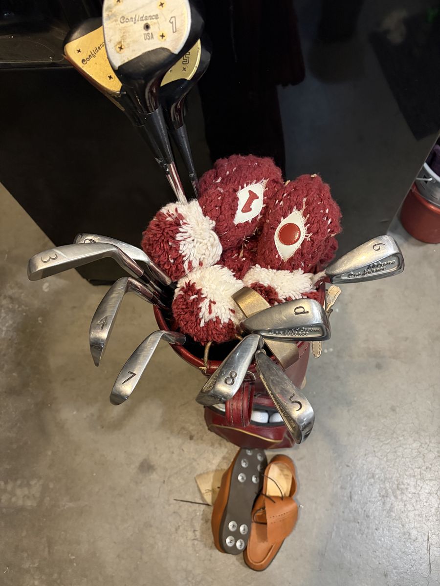 Ladies left hand golf clubs and cart